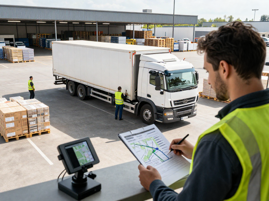 Effizienter LTL Transport Dortmund mit Lkw und Beladung in einem Logistikzentrum.