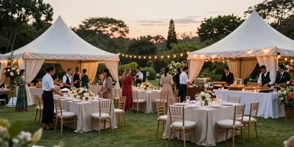 Event rentals showcasing elegant outdoor setups with luxurious tents and decor